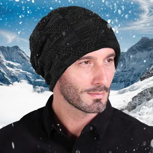 Winter warm black checkerboard knit beanie for men and women with fleece lining