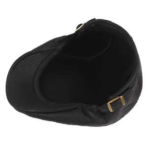 Black leather newsboy flat cap for men and women with adjustable gold buckle detail