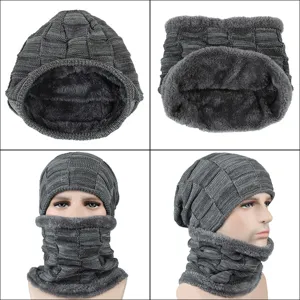 Winter knit hat and neck warmer set with checkered pattern and thick fleece lining for warmth