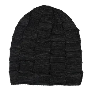 Black winter knitted beanie hat with textured checkerboard pattern for men and women