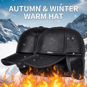 Herren Winter-Baseballkappe aus PU-Leder mit Ohrenklappen und warmem Plüschfutter