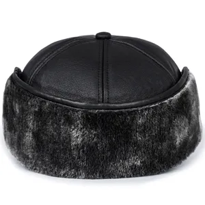 Hochwertiger Herren Winter-PU-Lederhut mit grauem Kunstpelzbesatz und warmem Ohrenschutz