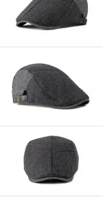 Multi-angle details of grey herringbone wool flat cap with adjustable strap