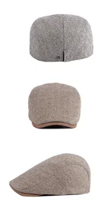 Comprehensive multi-angle views of a vintage herringbone woolen flat cap design.