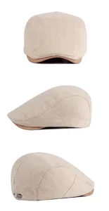 Detailed views of a beige woolen newsboy cap featuring a classic herringbone pattern texture.