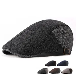Woolen Herringbone Newsboy Cap British Vintage Patchwork Flat Cap Men Women Winter Warm Adjustable Buckle Ivy Beret Hat