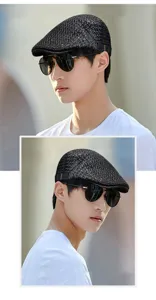 Detailed side view of a breathable black mesh flat cap, perfect for summer casual wear