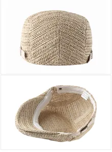 Detailed views of a breathable beige mesh ivy cap with 100% polyester label.