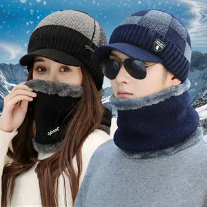 Koreanischer Stil Winter Strickmütze Und Schal Set Für Herren Damen Fleece Gefüttert Warm Dick Zopfmuster Visier Mütze