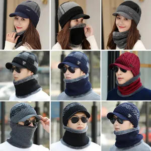 Winter-Strickmütze mit Schirm und Halswärmer-Set, fleecefutter warme Beanie für Damen und Herren