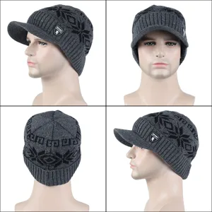 Herren Strickmütze für den Winter mit Schirm und warmem Fleece-Futter in Dunkelgrau