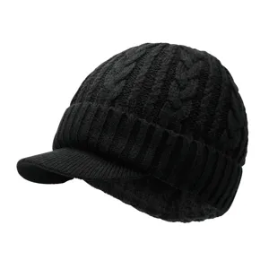 Warme Winter-Strickmütze mit Schirm und dickem Fleece-Futter in Schwarz für Herren