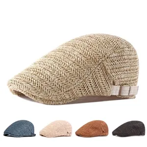 Breathable straw woven mesh beret flat cap for men and women available in five colors