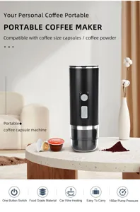 Detail view of portable electric espresso maker compatible with capsules and coffee powder