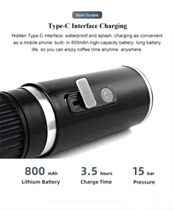 Detail of Type-C charging port on portable 15 bar espresso machine with battery specs