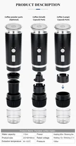 Detailed component breakdown and specifications for the portable capsule coffee maker