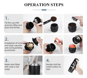 Detailed 4-step operation guide for a portable wireless espresso machine showing coffee prep