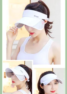 Vistas detalladas de visera blanca con ala retráctil para protección UV en deportes al aire libre