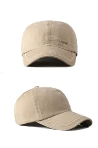 Viste dettagliate di un cappellino da baseball in cotone kaki con cuciture bianche