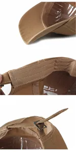 Viste dettagliate del cappellino in cotone con focus su cuciture e cinturino regolabile sul retro