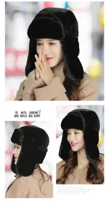 Three-way detail view of a black plush trapper hat with ear flaps for winter