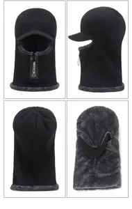 Detailed multi-angle views of a winter balaclava hat with warm fleece lining and brim