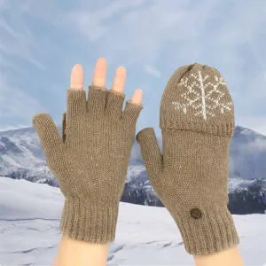 Gants convertibles en laine d'hiver avec motif flocon, modes mitaine et sans doigts