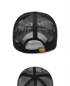 Back and top view of a black full mesh breathable baseball cap with adjustable buckle