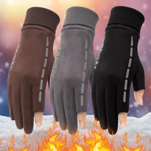 Winter Suede Warm Gloves Men Women Outdoor Casual Touch Screen Full Finger Exposed Fingers Thick Fleece Lined Sport Gloves