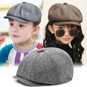 Casquette Gavroche Enfant à Chevrons Rétro Style Britannique Béret pour Garçons Filles Accessoire Mode Automne Hiver