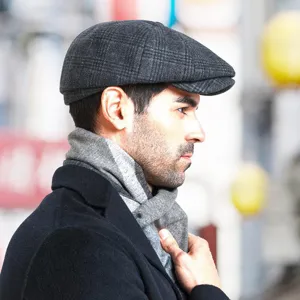 Stylish men's winter newsboy cap with classic plaid pattern, retro wool flat cap