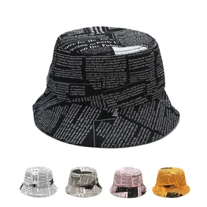 Fashionable streetwear newspaper print bucket hat for sun protection in five colors.
