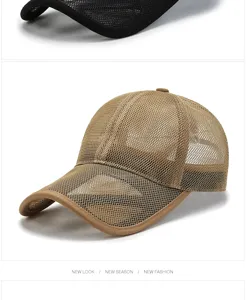 Close-up of breathable full mesh baseball cap with long brim for summer sun protection.