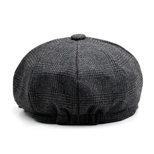 Vintage grey plaid newsboy cap for men, octagonal baker boy hat for autumn and winter