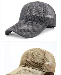 Detailed view of breathable full mesh baseball caps in grey and khaki with long brims
