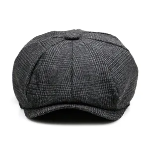 Classic vintage dark grey plaid newsboy cap for men with a stylish eight-panel design