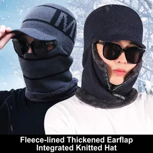 Winter balaclava knitted hat with fleece lining and integrated neck warmer for outdoor activities