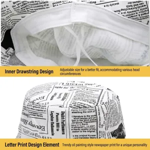 Newspaper print bucket hat with adjustable internal drawstring for sun protection