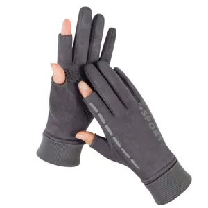 Grey thermal suede gloves with two-finger cutout design and anti-slip grip for winter sports.