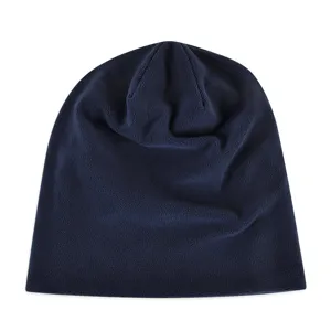 Plain dark blue winter fleece beanie with thickened warm material for outdoor use