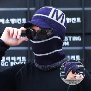 Winter fleece-lined knitted balaclava hat with integrated neck warmer for outdoor cycling.