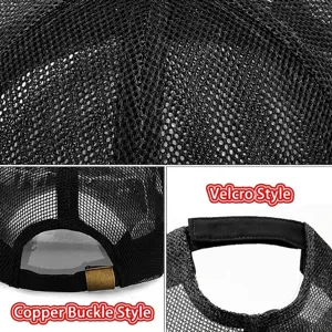 Breathable full mesh trucker cap detail with copper buckle and velcro closure options.