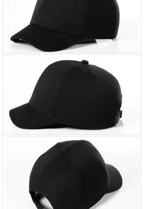 Viste dettagliate di un cappellino da baseball nero con visiera corta e traspirante