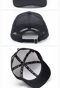 Dettagli di un cappellino da baseball in mesh nero traspirante con cinturino regolabile