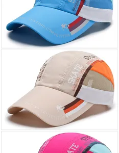 Detailed view of lightweight quick-dry baseball caps with mesh vents and skate slogans.