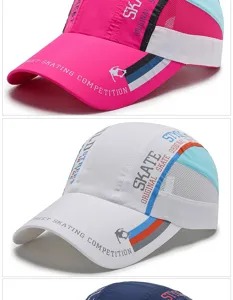 Close-up details of breathable quick-dry baseball caps with sporty graphic prints in multiple colors