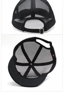 Dettaglio ravvicinato del cappellino da baseball in mesh nero con cinturino regolabile