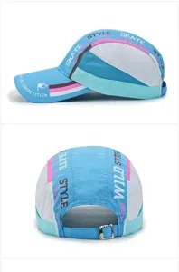 Detailed view of breathable quick-drying baseball cap with long brim and sports print