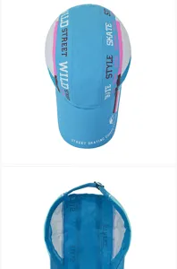 Detailed interior and top view of quick-dry blue sun hat with breathable mesh and long brim