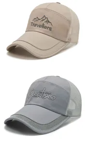 Breathable mesh outdoor baseball caps with long brims shown in khaki and grey colors.